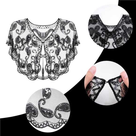 1920s Shawl Wraps Sequin Beaded Black - Picture 5 of 6